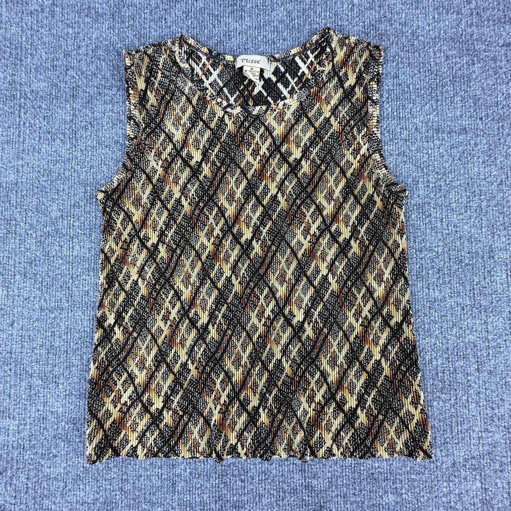 Plissé Tank Top Womens Medium Brown Geometric Pleated Sleeveless Knit Stretch